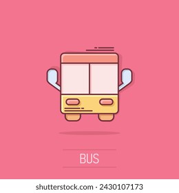 Bus icon in comic style. Coach cartoon vector illustration on isolated background. Autobus vehicle splash effect business concept.