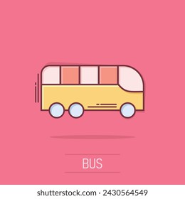 Bus icon in comic style. Coach cartoon vector illustration on isolated background. Autobus vehicle splash effect business concept.