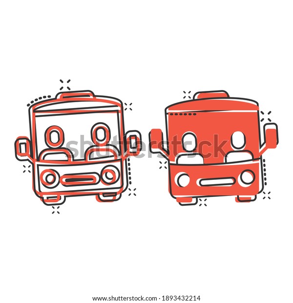 Bus icon in comic style. Coach cartoon vector\
illustration on white isolated background. Autobus vehicle splash\
effect business concept.