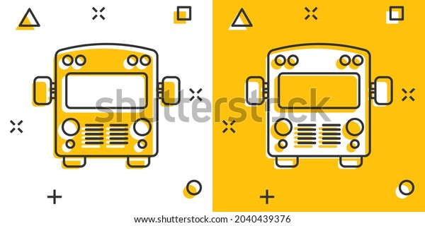 Bus icon in comic style. Coach car cartoon\
vector illustration on white isolated background. Autobus splash\
effect business concept.