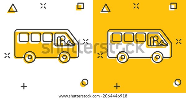 Bus icon in comic style. Coach cartoon vector\
illustration on white isolated background. Autobus vehicle splash\
effect business concept.