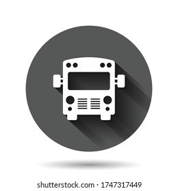 Bus icon in flat style. Coach car vector illustration on black round background with long shadow effect. Autobus circle button business concept.