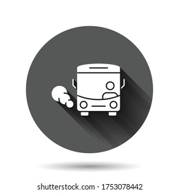 Bus icon in flat style. Coach vector illustration on black round background with long shadow effect. Autobus vehicle circle button business concept.