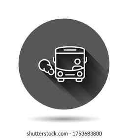 Bus icon in flat style. Coach vector illustration on black round background with long shadow effect. Autobus vehicle circle button business concept.