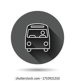 Bus icon in flat style. Coach vector illustration on black round background with long shadow effect. Autobus vehicle circle button business concept.