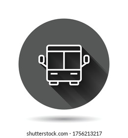 Bus icon in flat style. Coach vector illustration on black round background with long shadow effect. Autobus vehicle circle button business concept.