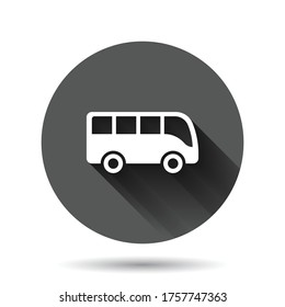 Bus icon in flat style. Coach vector illustration on black round background with long shadow effect. Autobus vehicle circle button business concept.