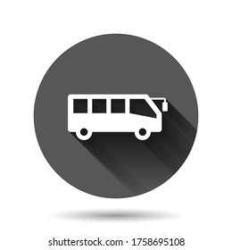 Bus icon in flat style. Coach vector illustration on black round background with long shadow effect. Autobus vehicle circle button business concept.