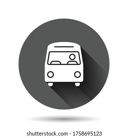 Bus icon in flat style. Coach vector illustration on black round background with long shadow effect. Autobus vehicle circle button business concept.