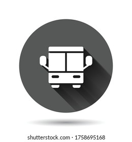 Bus icon in flat style. Coach vector illustration on black round background with long shadow effect. Autobus vehicle circle button business concept.