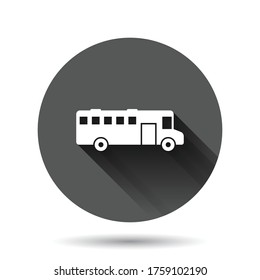 Bus icon in flat style. Coach vector illustration on black round background with long shadow effect. Autobus vehicle circle button business concept.