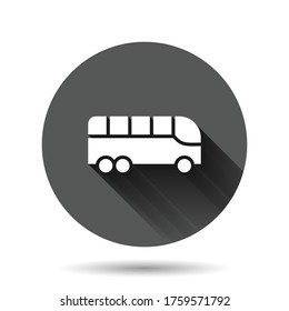 Bus icon in flat style. Coach vector illustration on black round background with long shadow effect. Autobus vehicle circle button business concept.