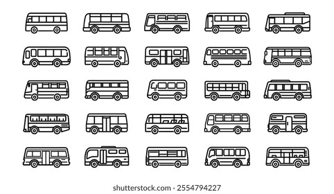 Bus icon line set. Auto transportation collection silhouette and element traffic or trip. Commercial business vehicle simple design vector illustration