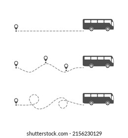 Bus icon with line start point set. Scooter driving on dotted route with map pin. Vector isolated on white