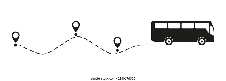 Icono de bus con punto de inicio de línea. Autobús conduciendo por rutas punteadas con pasador de mapa. Vector aislado en blanco.
