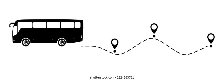 Bus icon with line start point. Bus driving on dotted route with map pin. Vector isolated on white.