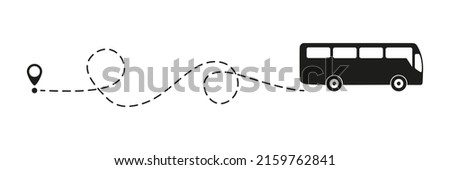 Bus icon with line start point. Bus driving on dotted route with map pin. Vector isolated on white.