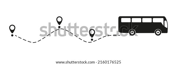 Bus icon with line start
point. Bus driving on dotted route with map pin. Vector isolated on
white.