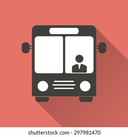 Bus  icon with a long shadow on a red background. Vector illustration.