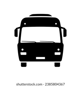 Bus-Symbol. Motorhome, Camper, Van. Schwarze Silhouette. Vorderseite. Vektorgrafik, einfache flache Grafik. Einziger Gegenstand auf weißem Hintergrund. Isolieren.