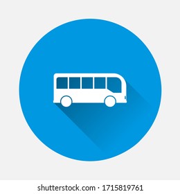Icono de bus en fondo azul. Imagen plana con gran sombra.