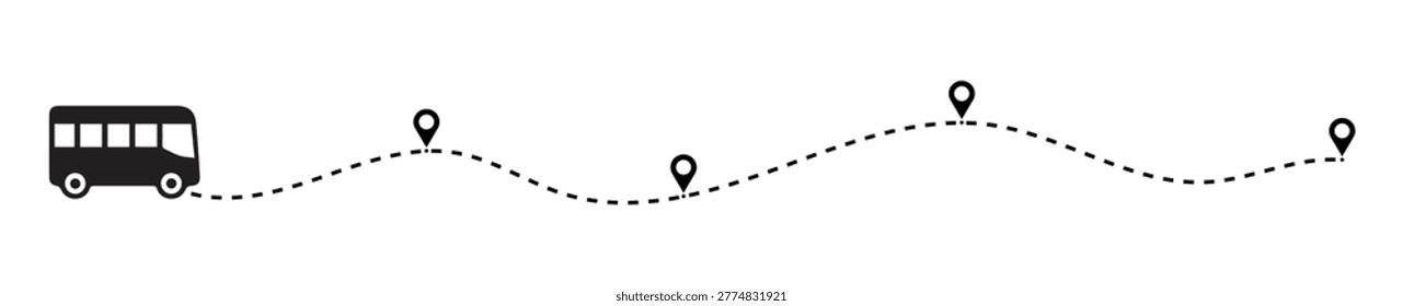 Bus icon on a dotted line path from a location pin. Travel navigation routes with dash line path, location pins and bus.	