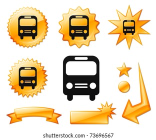 Bus Icon on Orange Burst Banners and Medals Original Vector Illustration