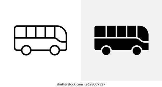 Bus icon. Passenger vehicle with windows and wheels sign. Public transport for urban travel and commuting symbol. Road trip and tourism pictogram. Transit service illustration.