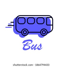 Bus icon. Public, passenger transport vector line logo with blue bright colorful fill and lettering title. Concept of delivery, transport rental. Flat stock sign isolated on white background. Eps10.
