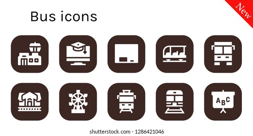  bus icon set. 10 filled bus icons. Simple modern icons about  - Airport, Education, Blackboard, Transportation, Bus, Train station, London eye, Train