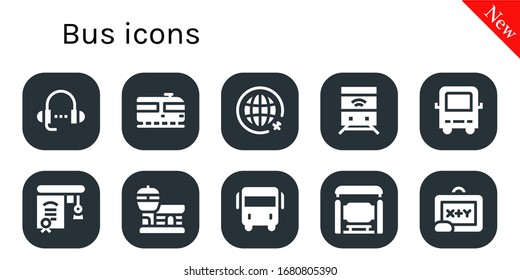 conjunto de iconos de bus. 10 iconos de bus rellenos.  Iconos modernos sencillos, como: Lección, tren, viajes, autobús, educación, aeropuerto, parada, pizarra
