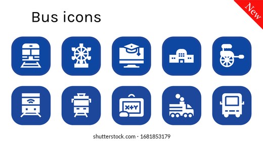 bus icon set. 10 filled bus icons.  Simple modern icons such as: Train, London eye, Education, Train station, Rickshaw, Blackboard, Bus