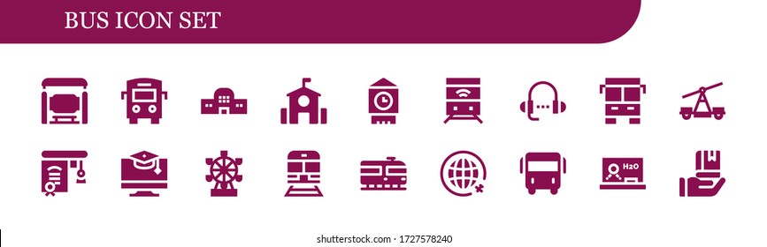 bus icon set. 18 filled bus icons. Included Bus stop, Train station, School, Big ben, Train, Lesson, Education, London eye, Travel, Blackboard icons
