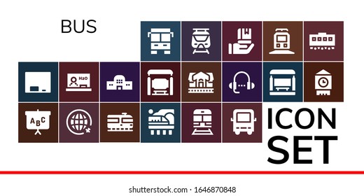 conjunto de iconos de bus. 19 iconos de bus rellenos.  Iconos modernos sencillos, como: Autobús, pizarra, viajes, tren, estación, parada, lección, Big ben, metro, educación