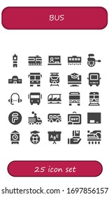 conjunto de iconos de bus. 25 iconos de bus llenos. Incluidos los iconos Big ben, Train, Blackboard, Rickshaw, estación de tren, bus, metro, educación, lección, transporte, Flipdrive