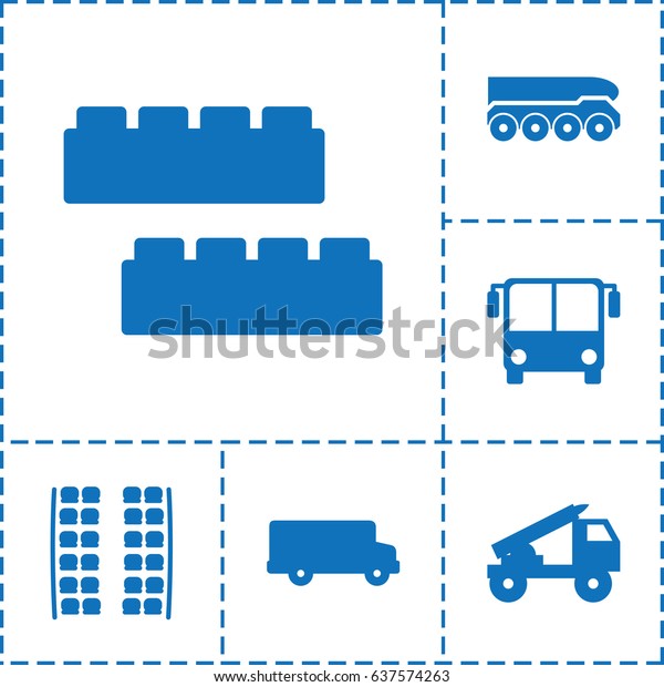 Bus icon. set of 6 bus filled icons\
such as plane seats, child building kit, truck\
rocket