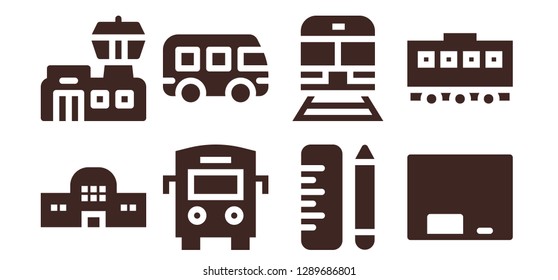  bus icon set. 8 filled bus icons. Simple modern icons about  - Train station, Airport, Bus, School, Train, Blackboard