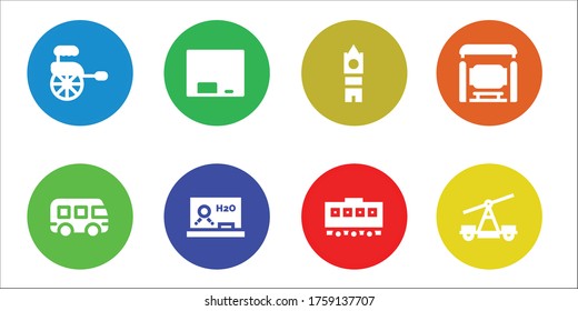 Bus Icon Set. 8 Filled Bus Icons. Included Rickshaw, Bus, Blackboard, Big Ben, Train, Stop Icons
