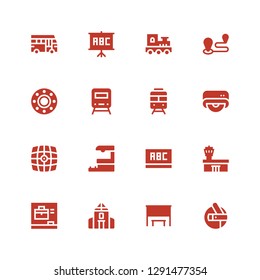 bus icon set. Collection of 16 filled bus icons included Shuttle, Bus stop, School, Blackboard, Airport, Train station, Vehicle, Drive, Train, Transport, Travel, School