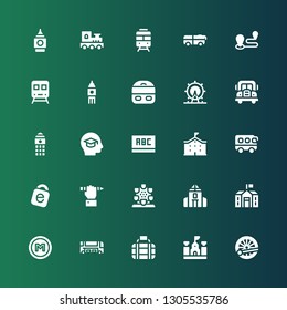 bus icon set. Collection of 25 filled bus icons included Train, School, Transport, Bus, Metro, London eye, Education, Idrive, Blackboard, Big ben, Travel