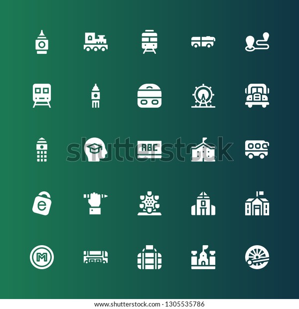 bus icon set. Collection of 25 filled bus\
icons included Train, School, Transport, Bus, Metro, London eye,\
Education, Idrive, Blackboard, Big ben,\
Travel