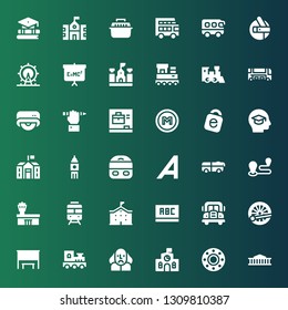 bus icon set. Collection of 36 filled bus icons included British museum, Transport, School, Shakespeare, Train, Bus stop, Blackboard, Airport, Travel, Adrive, Big ben, Education