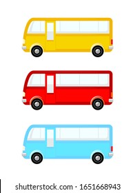 Bus icon set different colors. Vector Colorful Travel Passenger Autobus side view.