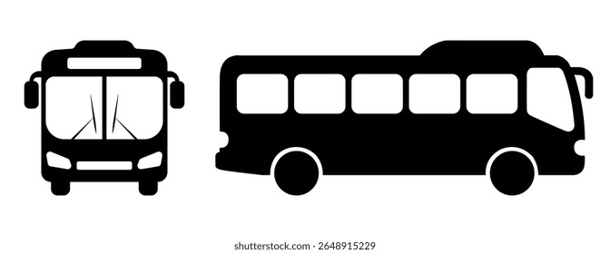 Ícone de barramento definido. Vista frontal e lateral de um design simples vetor silhueta de barramento preto. Ideal para transporte, viagens, projetos relacionados à cidade.