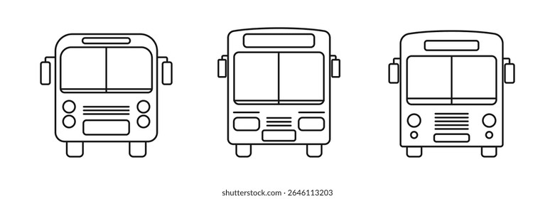 Bus icon set. Front view school bus symbol. Transportation bus line art. Vector illustration editable stroke width