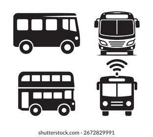 Conjunto de iconos de autobús Transporte público, Shuttle, Doble piso, Símbolos de Vector de autobús inteligente