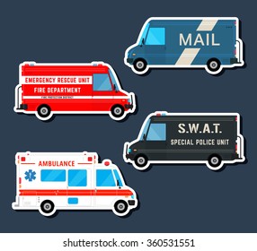 Bus Icon. Set Various City Urban Traffic Vehicles Icons. Mail Delivery Van, Ambulance Truck, Fire Department Car, Swat Police Bus Isolated. Side View. Vector Illustration.