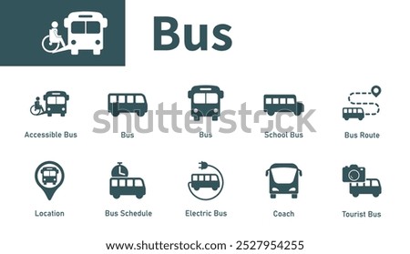 Bus icon. Solid vector symbol set on the theme of transportation, public transport, coach.
