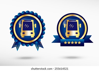Bus icon stylish quality guarantee badges. Blue colorful promotional labels