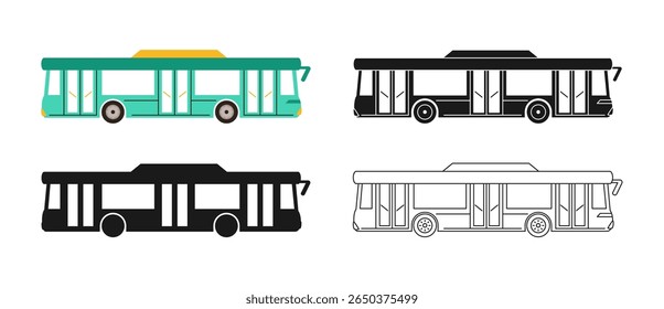 Bus icon symbol cartoon set. Hand drawn big bus in different styles colored, silhouette, outline automobile collection. Simple children funny city auto transport, school bus icon vector illustration